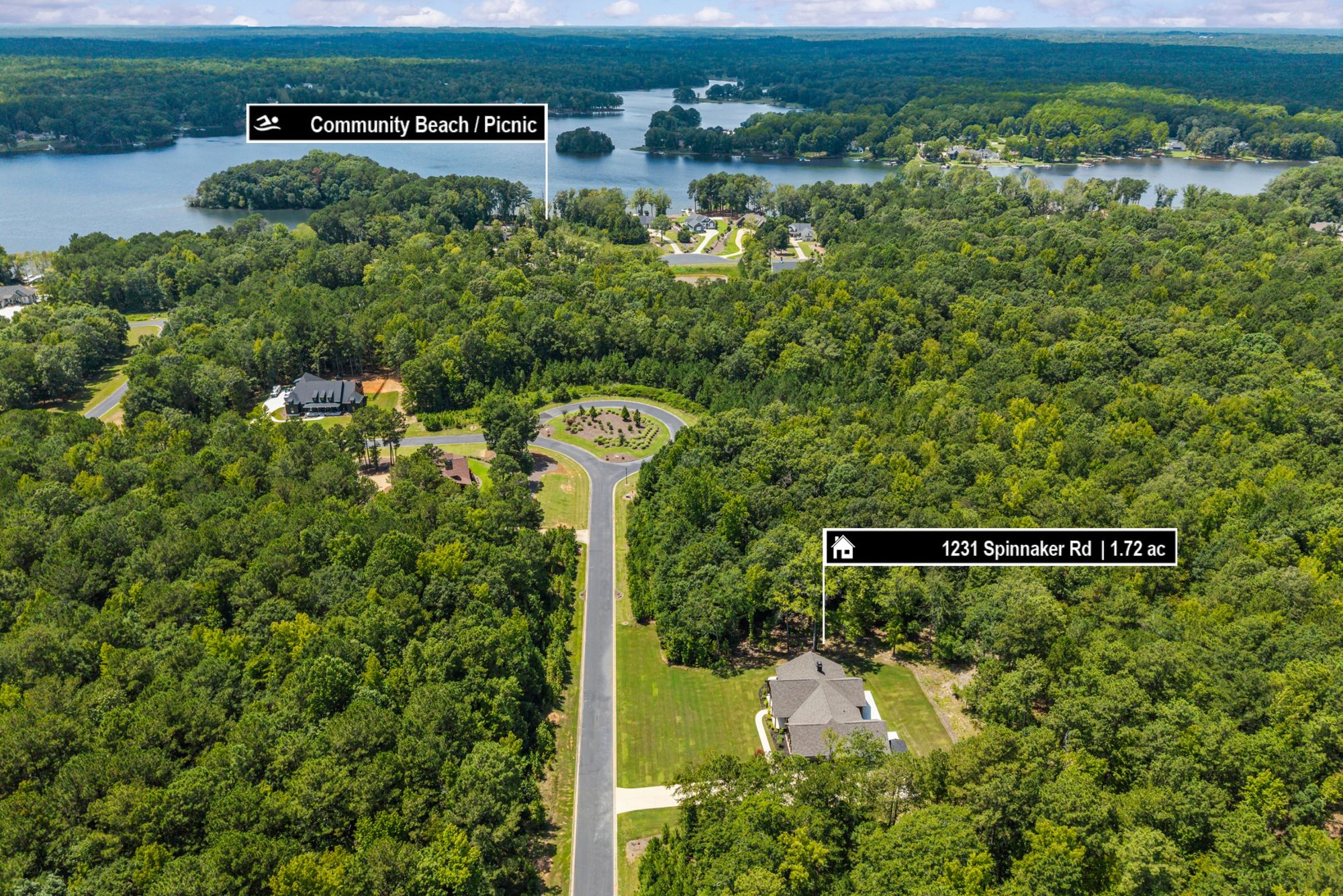 Custom area map showing 1231 Spinnaker and the Sailview community beach and picnic area on Lake Oconee