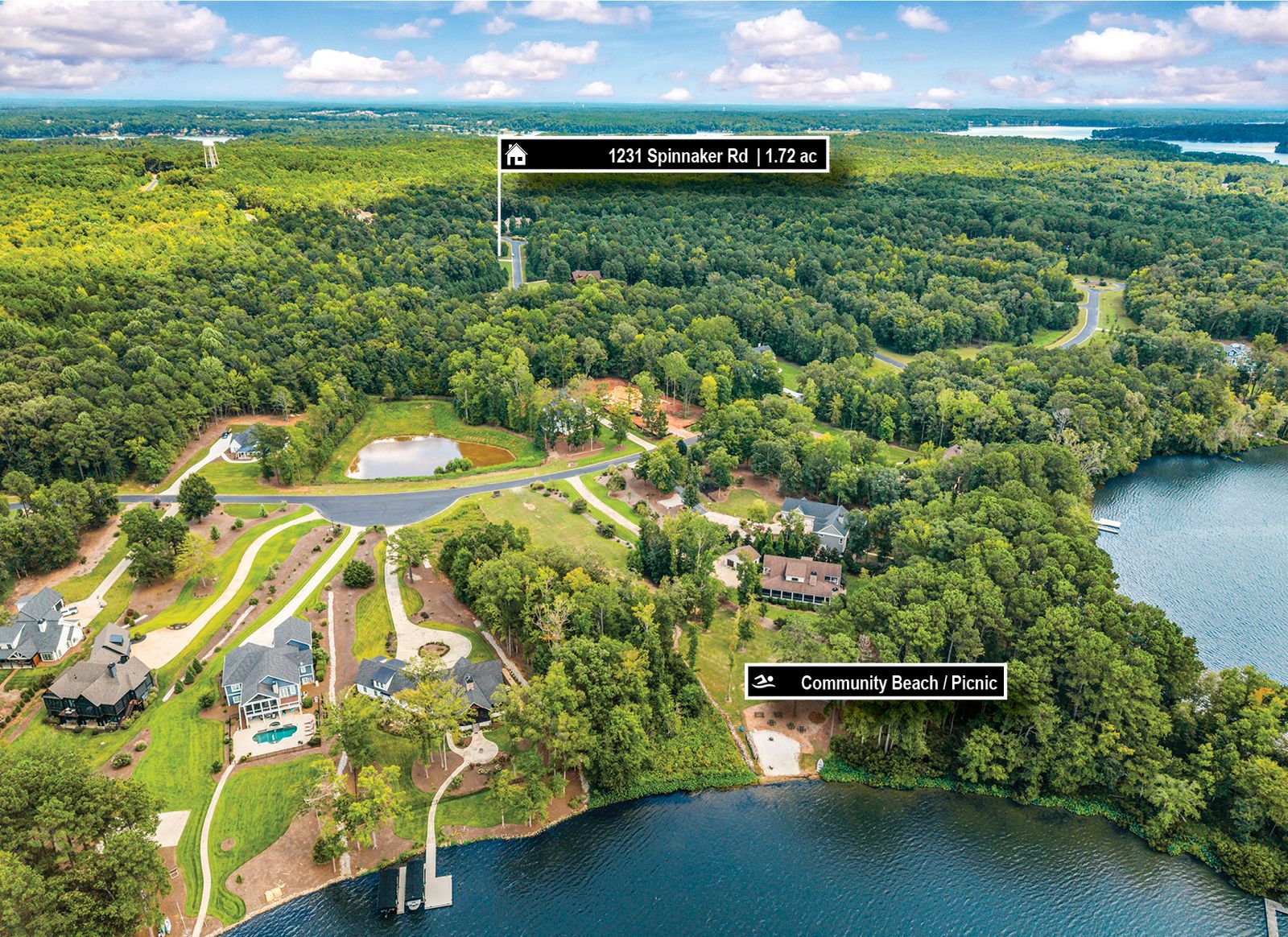 Aerial map showing the home's position relative to Lake Oconee and the community beach